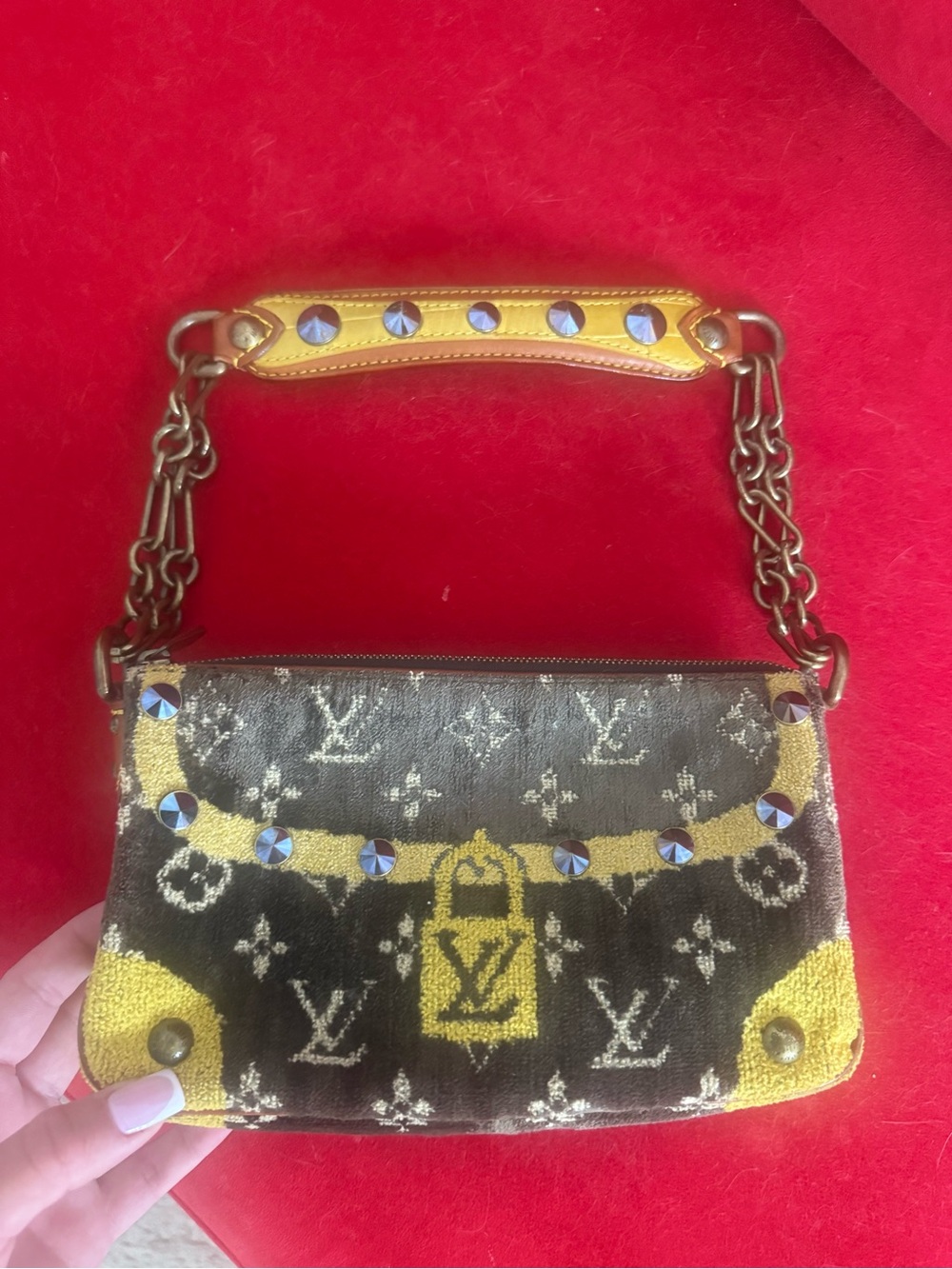 Louis Vuitton Brown and Yellow Monogram Studded Shoulder Bag with Chain Strap